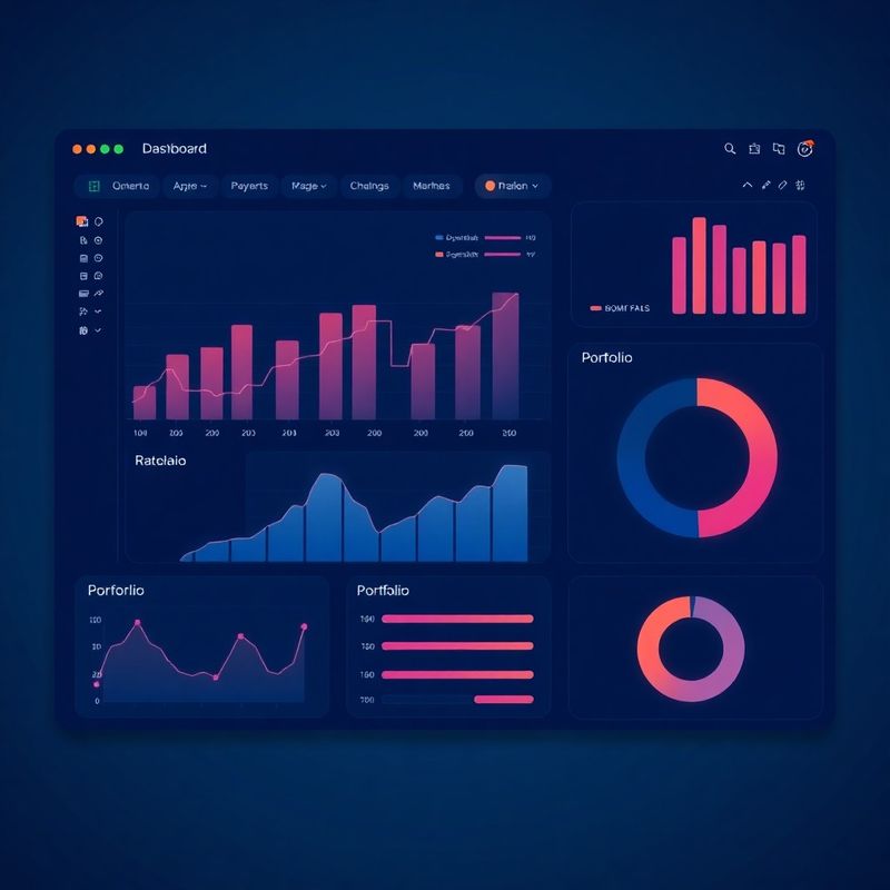 Apstraktna indigo-plava dashboard vizualizacija sa svijetlećim panelima i grafovima